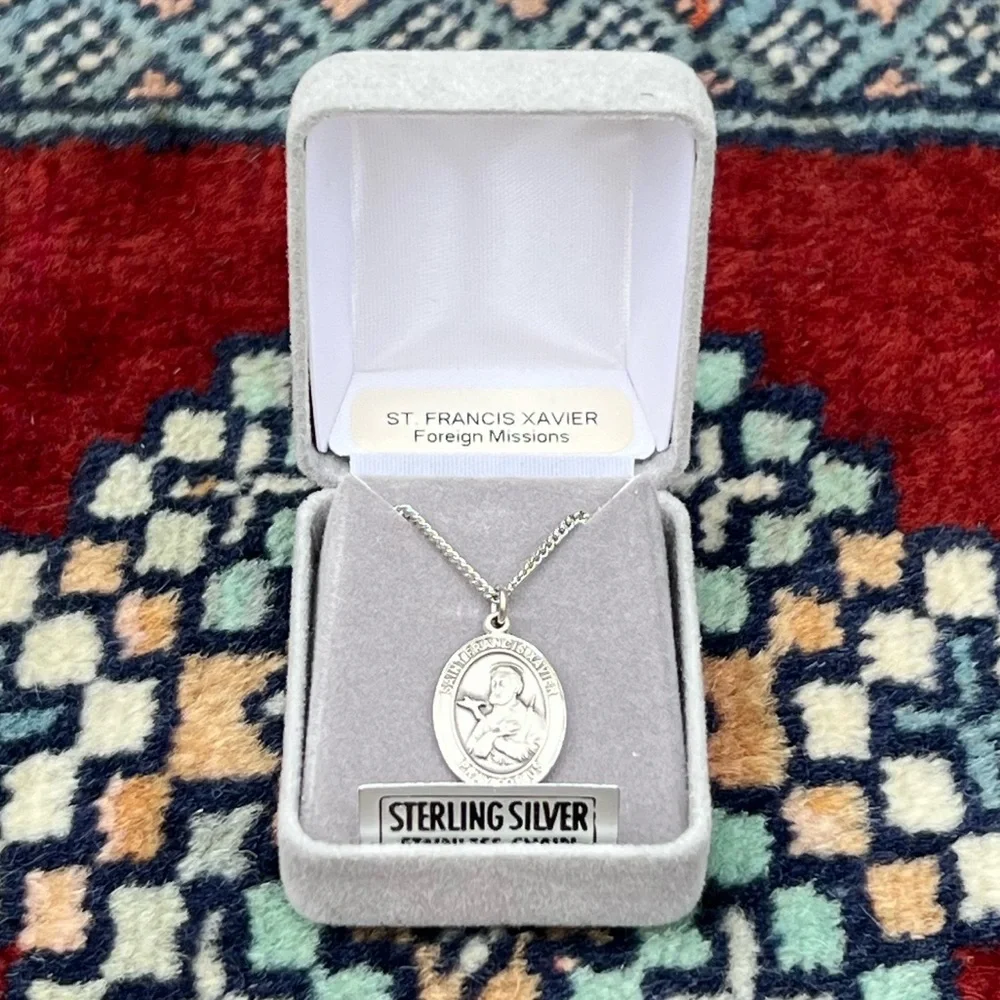 St. Francis Xavier Sterling Silver Religious Medal Necklace 18” Curb Chain
